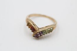 9ct gold vintage citrine, amethyst & prasiolite wishbone ring (2.2g)