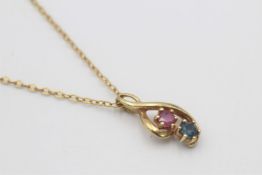 9ct gold vintage sapphire & ruby treble clef pendant necklace (1.4g)