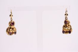 Pair Of Almandine Garnet Earrings, fish hook style, 15ct gold, please note damage in photos,