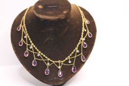 French Amethyst & Diamond Fringe Necklace, 18ct yellow gold, approximately 16 inches, please note