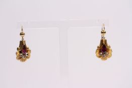 Pair Of Almandine Garnet & Paste Earrings, fish hook style, 15ct gold.