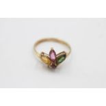 9ct gold vintage ruby, citrine, orange tourmaline & diamond floral dress ring (1.8g)