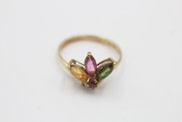 9ct gold vintage ruby, citrine, orange tourmaline & diamond floral dress ring (1.8g)