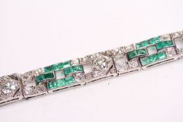 Art Deco 7ct Diamond & Emerald Bracelet W/Box, platinum, approximate length 19.5cm, comes with