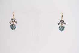 Pair of vintage-style heart-shape drop earrings set with turquoise, seed pearls and diamonds, boxed.