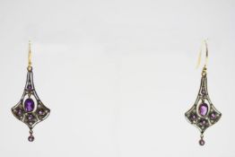 Pair of vintage-style flared amethyst and diamond drop earrings, boxed. Amethysts 1.00ct approx