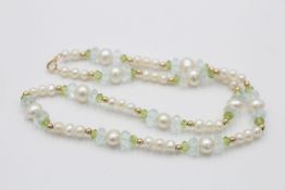 14ct gold clasp and beads pearl, peridot & aquamarine single strand necklace (17.2g)