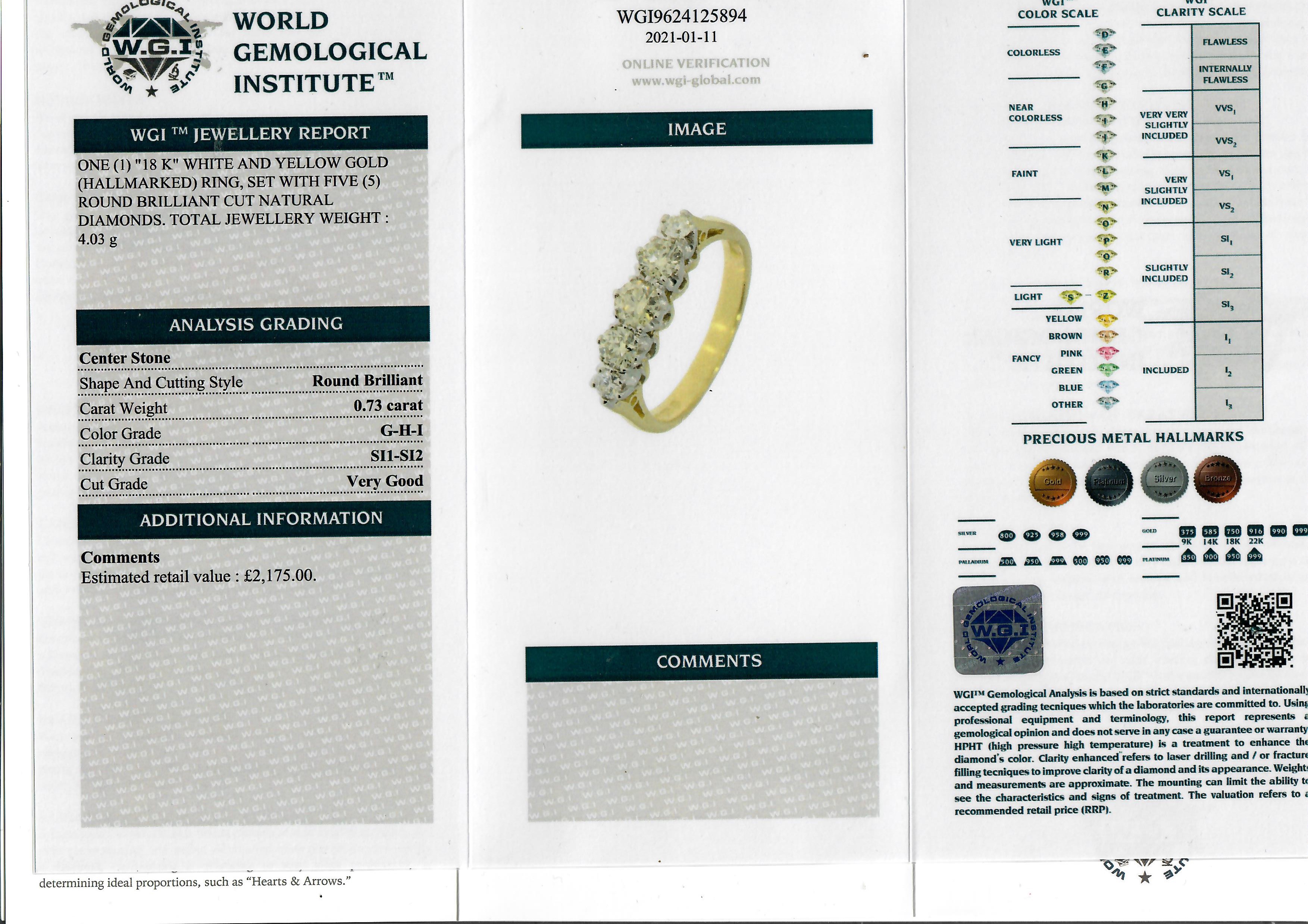 Certificated 18ct yellow and white gold 5-stone graduated RBC diamond ring. Diamonds 0.73ct. Cert - Image 4 of 4