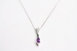 9ct white gold Art Deco-style pear-shape amethyst and diamond necklace, boxed. Amethyst 0.24ct.