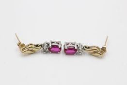 9ct gold synthethic ruby & diamond drop earrings (2.3g)