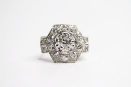 Hexagonal Diamond Dress Ring, centre claw set diamond and square over shoulders, centre diamond