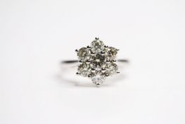 Certificated 18ct white gold daisy style round brilliant cut diamond cluster ring. Diamonds 1.
