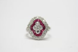 Large platinum Victorian-style ruby and diamond cluster ring