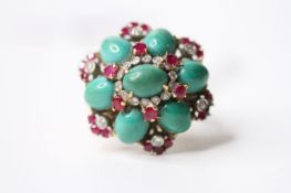 Turquoise, Ruby & Diamond Ring, size M, 12.5g.