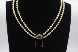 9ct gold clasp vintage garnet & pearl double strand necklace (35.5g)