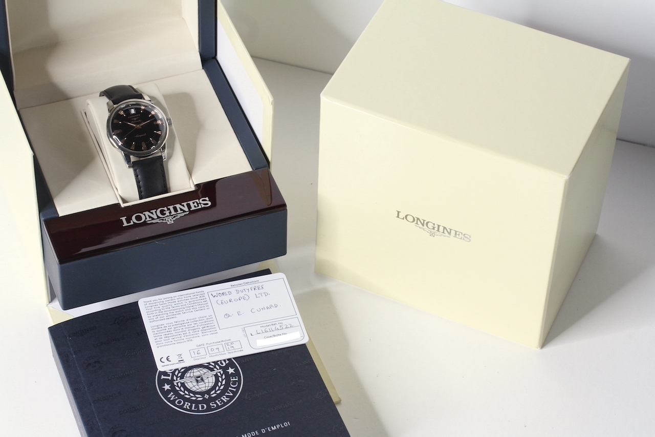 LONGINES CONQUEST HERITAGE AUTOMATIC BOX AND PAPERS 2019, circular gloss black dial with applied