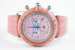 LADIES GLAM ROCK DIAMOND SET CHRONOGRAPH WRISTWATCH, circular triple register dial with hour markers