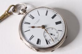 VINTAGE J.W BENSON SILVER POCKET WATCH WITH KEY CIRCA 1878, circular white dial with roman numeral