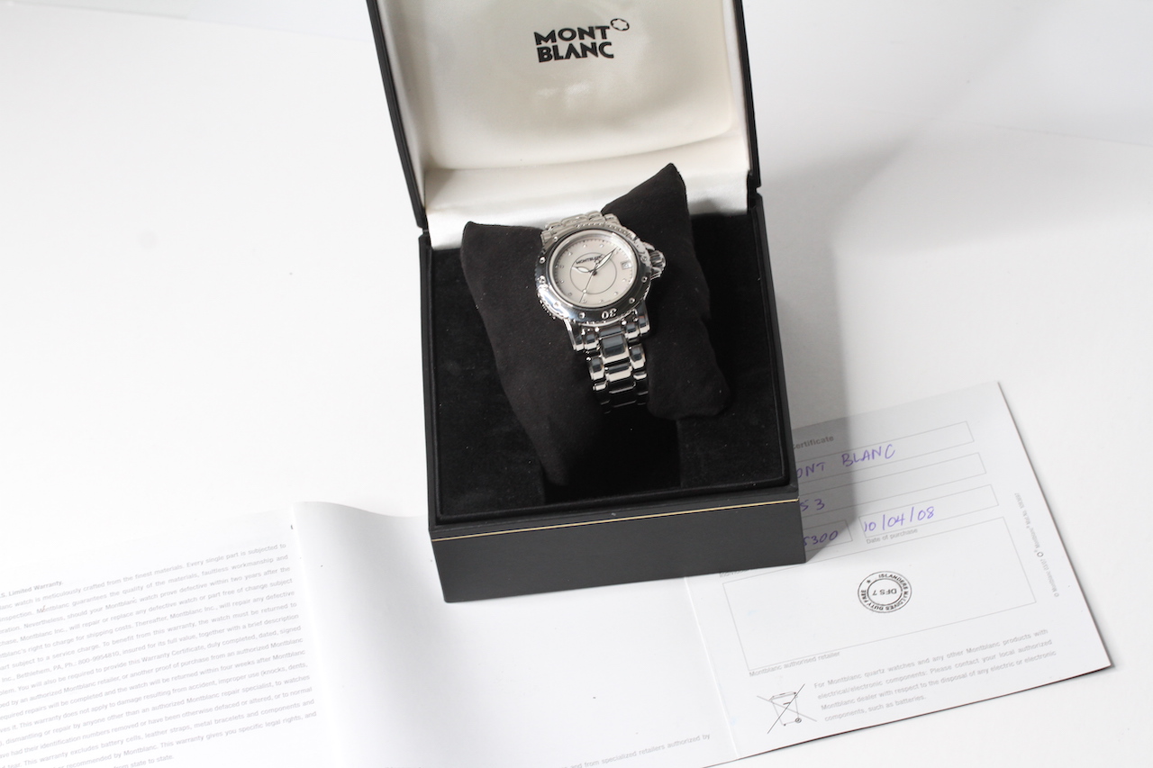 LADIES MONTBLANC MOP DIAL QUARTZ WATCH BOX AND PAPERS 2008, circular mother of pearl dial with