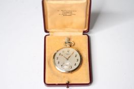 RARE 9CT C.BUCHERER'S ROLEX POCKET WATCH WITH BOX, circular silver dial with Art Deco arabic numeral