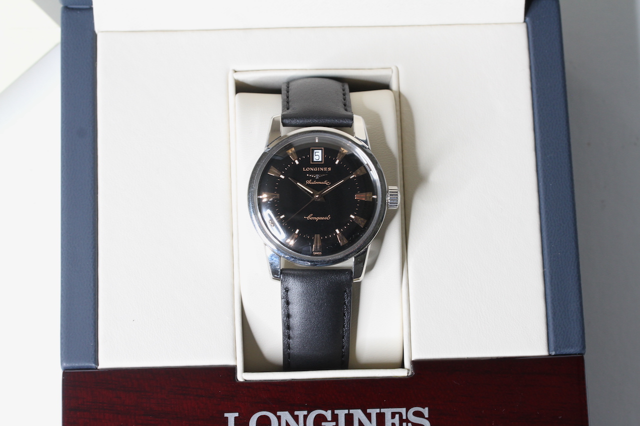 LONGINES CONQUEST HERITAGE AUTOMATIC BOX AND PAPERS 2019, circular gloss black dial with applied - Image 2 of 4