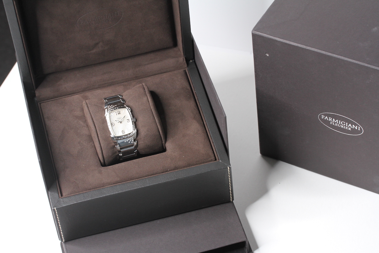 PAMIGIANI QUARTZ MOP DIAL WATCH WITH BOX, rectangular mother of pearl dial with baton and arabic