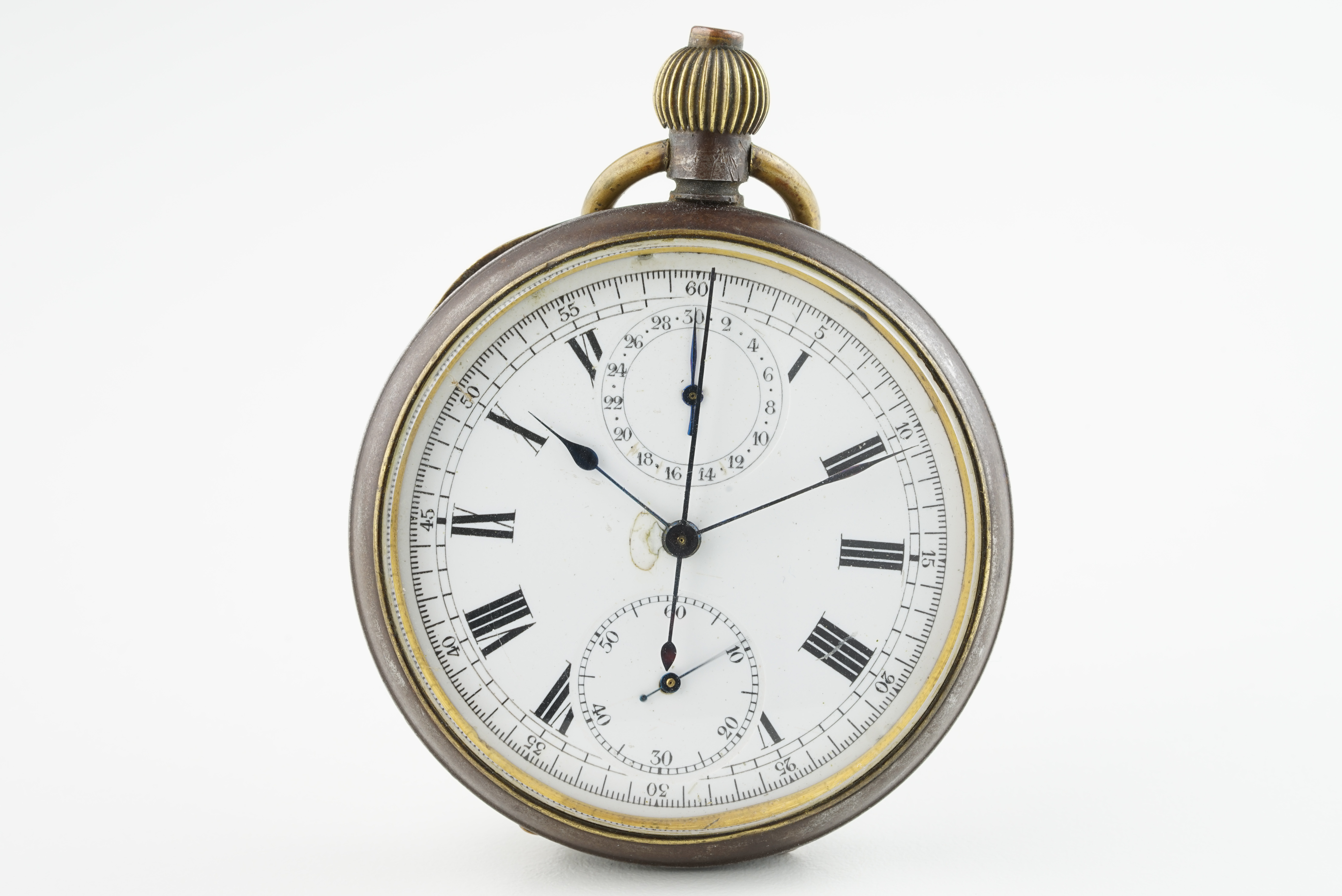 VINTAGE CHRONOGRAPH POCKET WATCH, circular white dial with hour markers and hands, 51mm gun metal