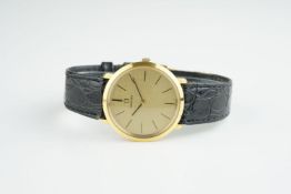 GENTLEMENS OMEGA GOLD PLATED WRISTWATCH, circular gold dial with stick hour markers and hands,