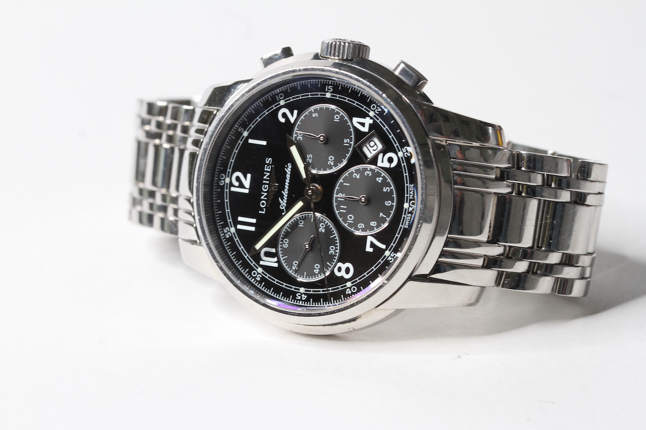 LONGINES AUTOMATIC CHRONOGRAPH WITH BOX, circular black dial with arabic numeral hour markers, - Image 3 of 5