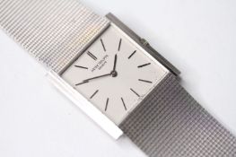 VINTAGE 18CT PATEK PHILIPPE WRIST WATCH, square white dial with baton hour markers, 26mm 18ct