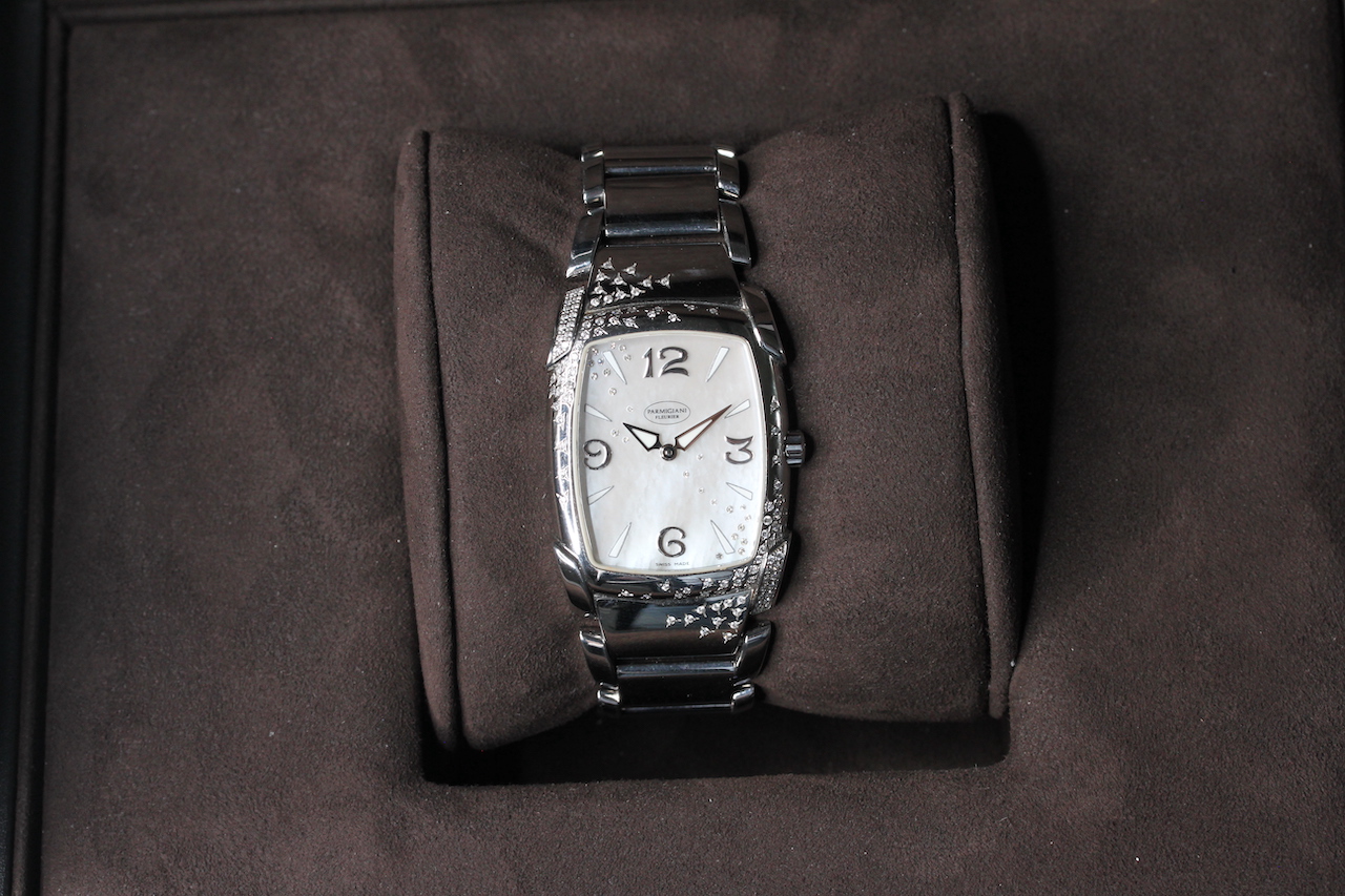 PAMIGIANI QUARTZ MOP DIAL WATCH WITH BOX, rectangular mother of pearl dial with baton and arabic - Image 2 of 5