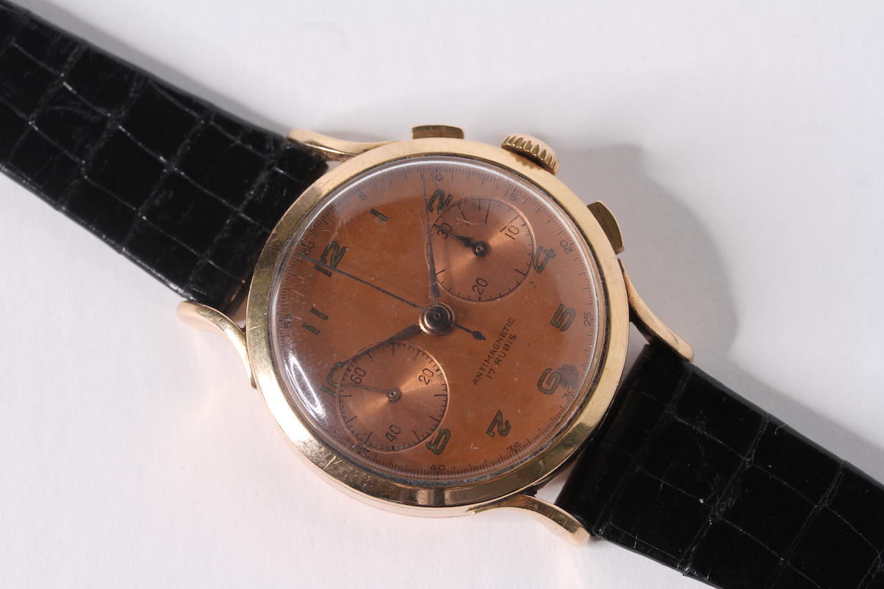 VINTAGE GOLD CONTINENTAL CHRONOGRAPH WITH TROPIC DIAL, circular dial with Arabic numerals, twin - Image 2 of 5