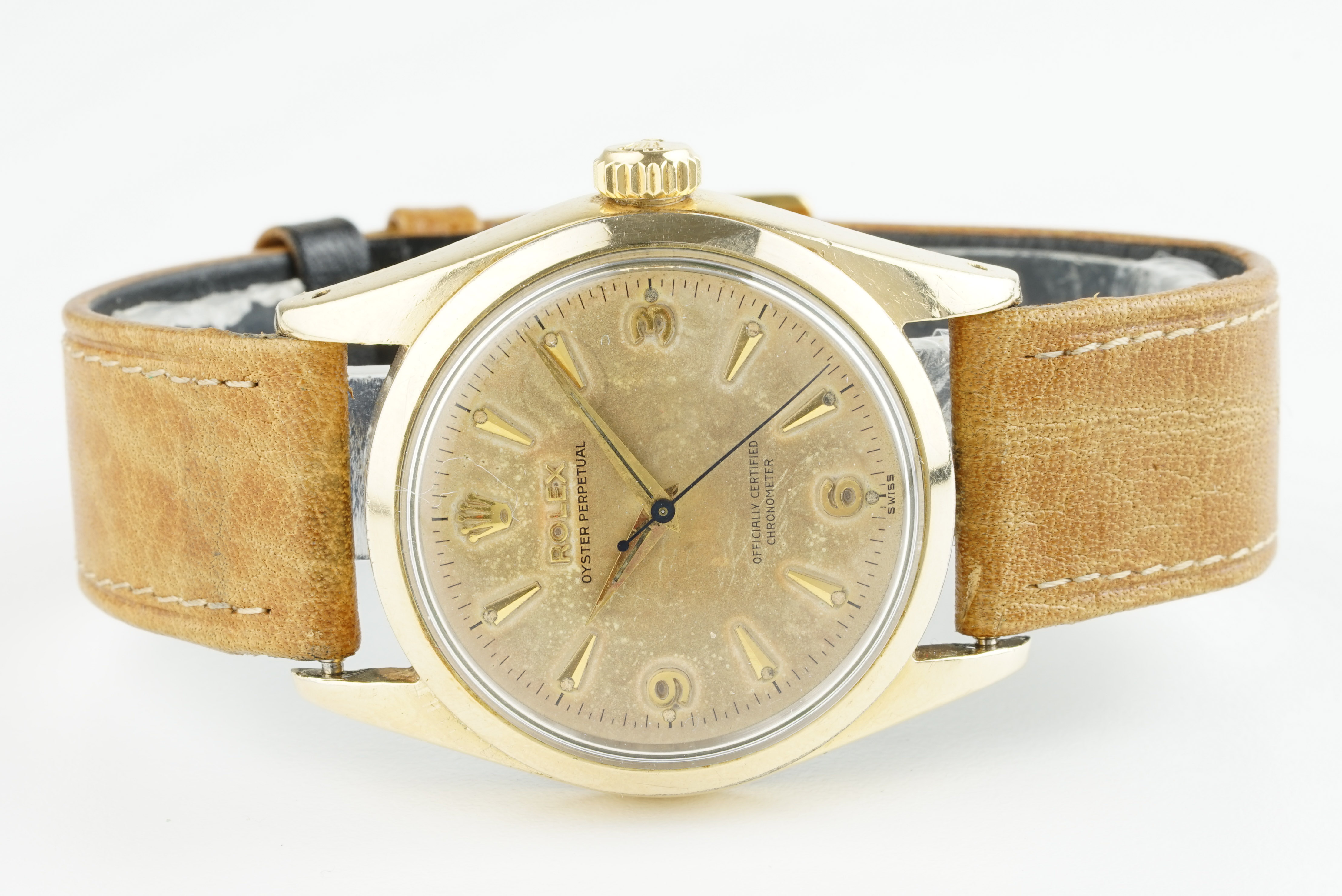 GENTLEMENS ROLEX OYSTER PERPETUAL 'GOLDEN EGG' WRISTWATCH REF. 6634 CIRCA 1956, circular patina '3 6