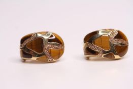 Pair of R.Coin Tigers Eye Clip On Earrings, also set with diamonds, stamped 18ct yellow gold,