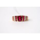 Synthetic Ruby & Diamond Tier Ring, stamped 18ct yellow gold, size Q, 4.9g.