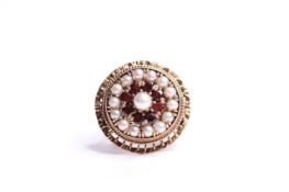 9ct gold pearl and garnet circular cluster ring, size K.