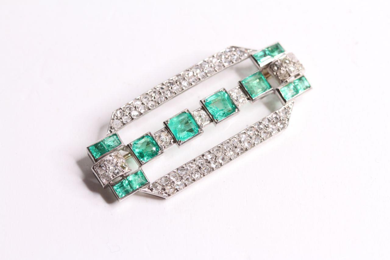 Columbian Emerald & Diamond Deco Brooch, set with 12 emeralds, approximately 45 x 21mm. - Image 3 of 3