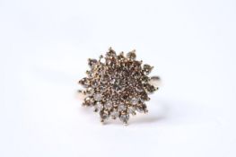 Cinnamon Diamond Cluster Ring, stamped 9ct yellow gold, size P, diamond total 1.95ct, 6.4g.