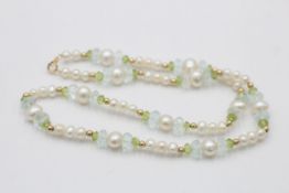 14ct gold clasp and beads pearl, peridot & aquamarine single strand necklace (17.2g)