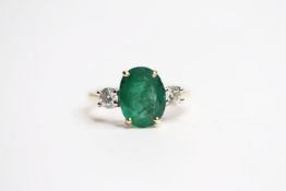 Oval Emerald & Diamond 3 Stone Ring, claw set, estimated emerald 2.00ct, estimated diamonds 0.30ct