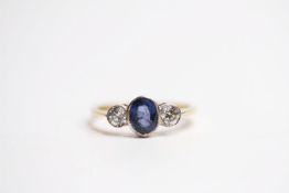 Sapphire & Diamond 3 Stone Ring, bezel set, sapphire approximately 1.00ct, approximate total diamond