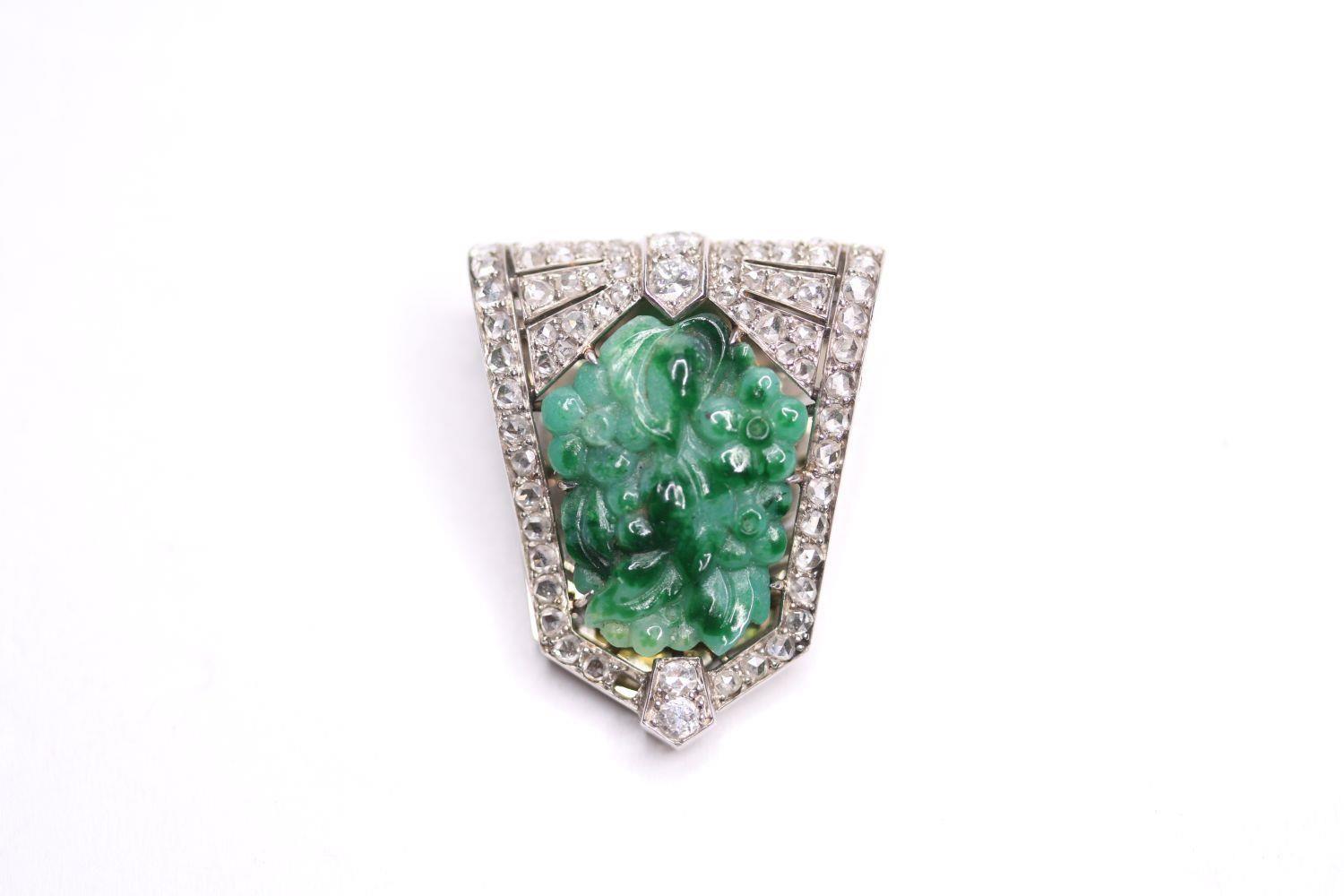 Jade & Diamond La Cloche Feres Clip, 30 x 24.5mm, stamped lacloche feres, please note that 1 diamond