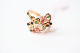 Diamond, Ruby & Sapphire Set Ring, stamped 18ct yellow gold, size N1/2, 3g.