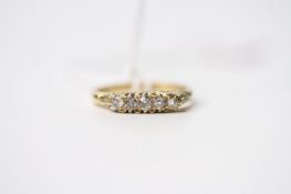 5 Stone Diamond Ring, stamped 18ct yellow gold, AJW, size Q1/2, 3.4g.