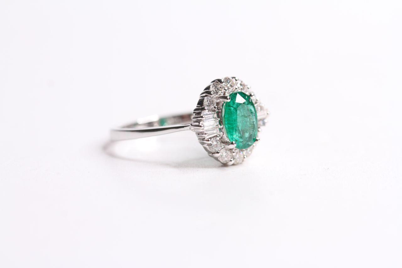 Emerald & Diamond Cluster Ring, with fan baguette cut diamonds at the shoulder point, estimated 1. - Image 2 of 3