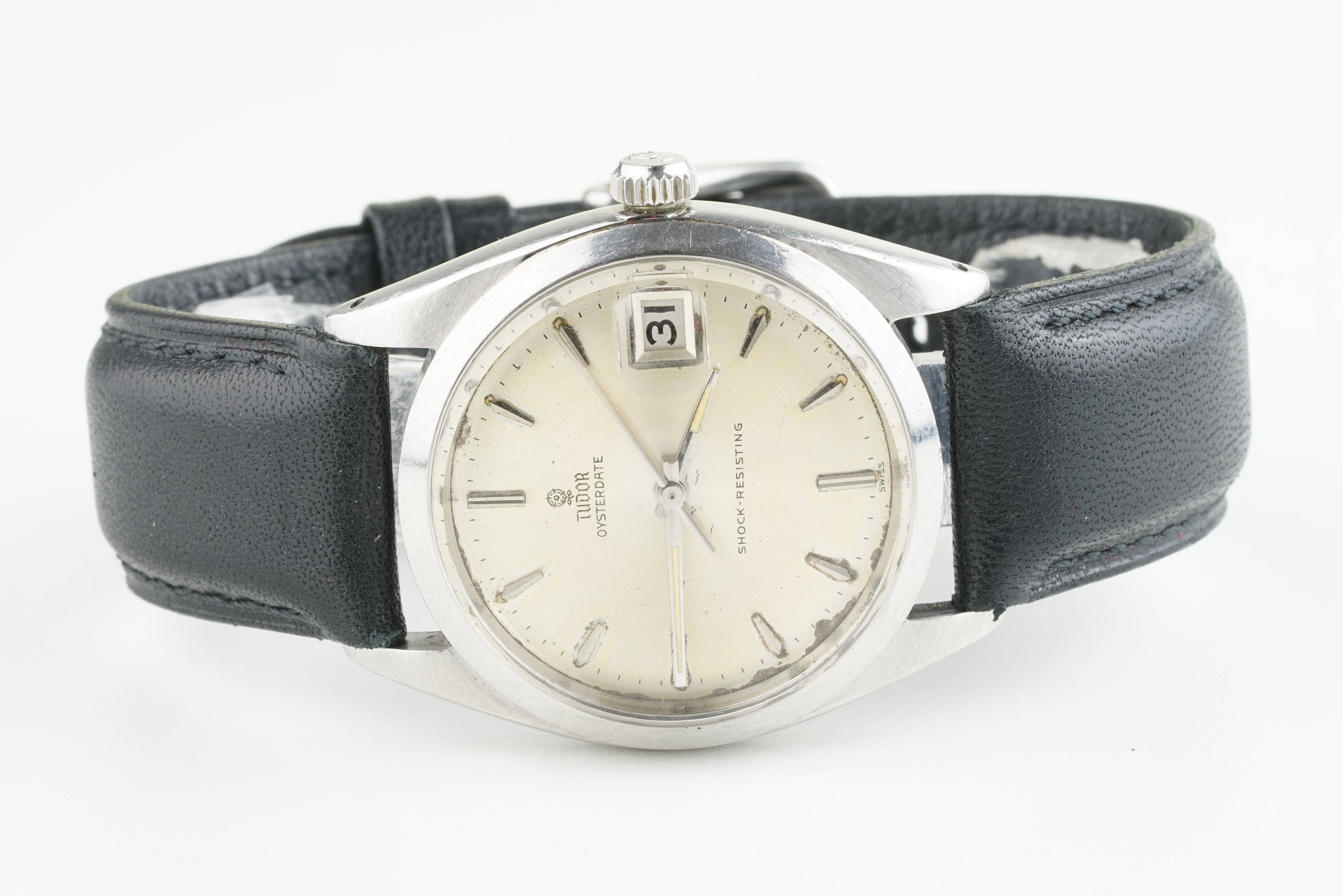 GENTLEMENS TUDOR OYSTERDATE WRISTWATCH REF. 7962 CIRCA 1961, circular silver dial with applied