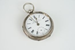 VINTAGE JOHN MYERS & CO SILVER POCKET WATCH, circular white dial with hands, 53mm case with a