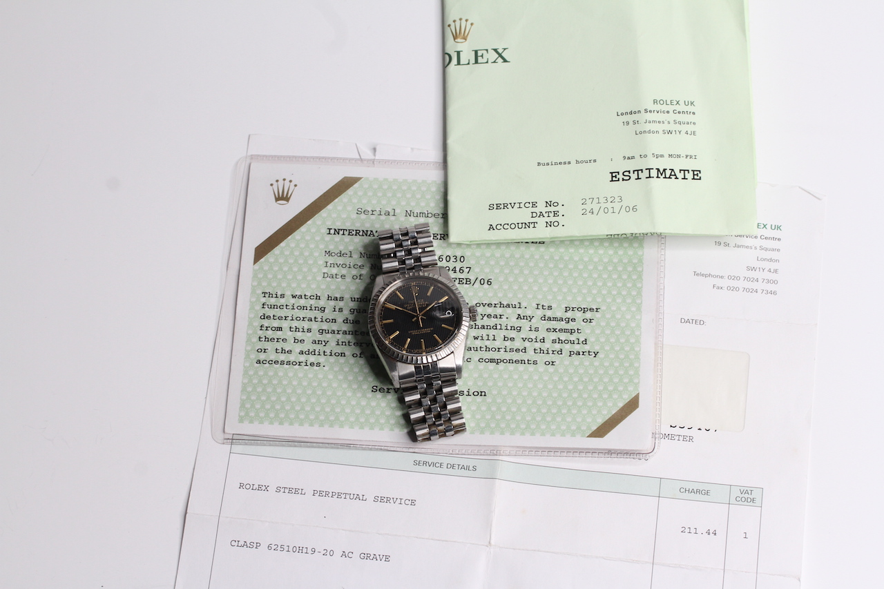 1984 ROLEX OYSTER PERPETUAL DATEJUST TAPESTRY DIAL REFERENCE 16030 WITH SERVICE PAPERS, black