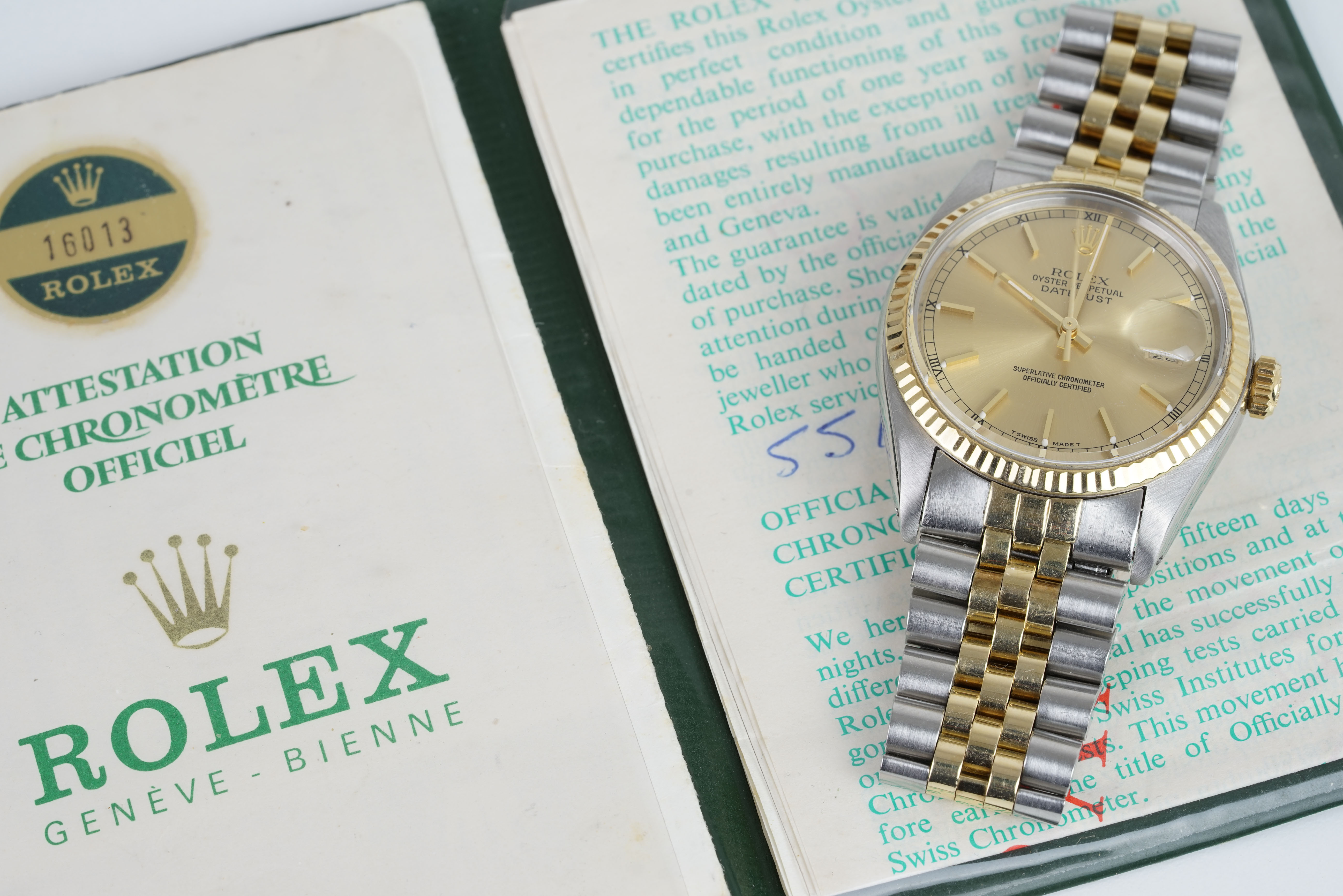 GENTLEMENS ROLEX OYSTER PERPETUAL DATEJUST STEEL & GOLD WRISTWATCH W/ GUARANTEE PAPERS REF. 16030