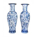 PAIR OF LARGE BLUE AND WHITE TEMPLE VASES